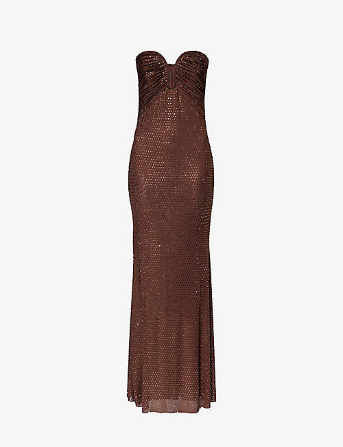 SELF-PORTRAIT: Strapless rhinestone-embellished stretch-woven maxi dress