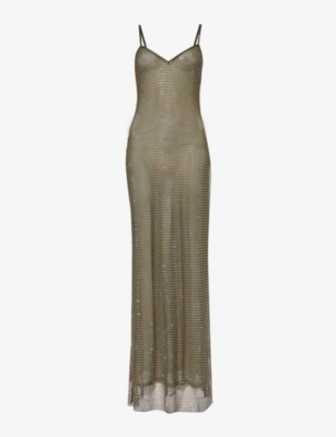 SELF-PORTRAIT: V-neck rhinestone-embellished stretch-woven maxi dress