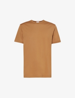 Sunspel Mens Dark Camel24 Short-sleeved Crewneck Cotton-jersey T-shirt In Brown