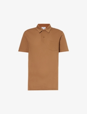 Sunspel Mens Dark Camel24 Riviera Patch-pocket Cotton Polo Shirt