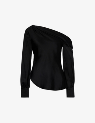Simkhai Lysette Compact Rib L-s Asymmetric Mock Neck Top In Black