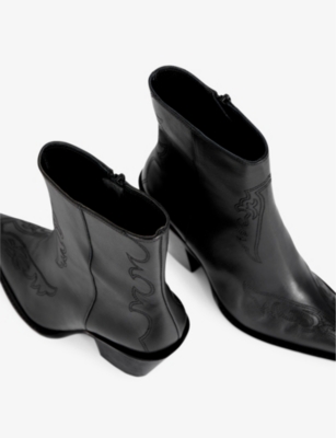 Shop The Kooples Women's Black Tonal-embroidered Western Leather Heeled Ankle Boots