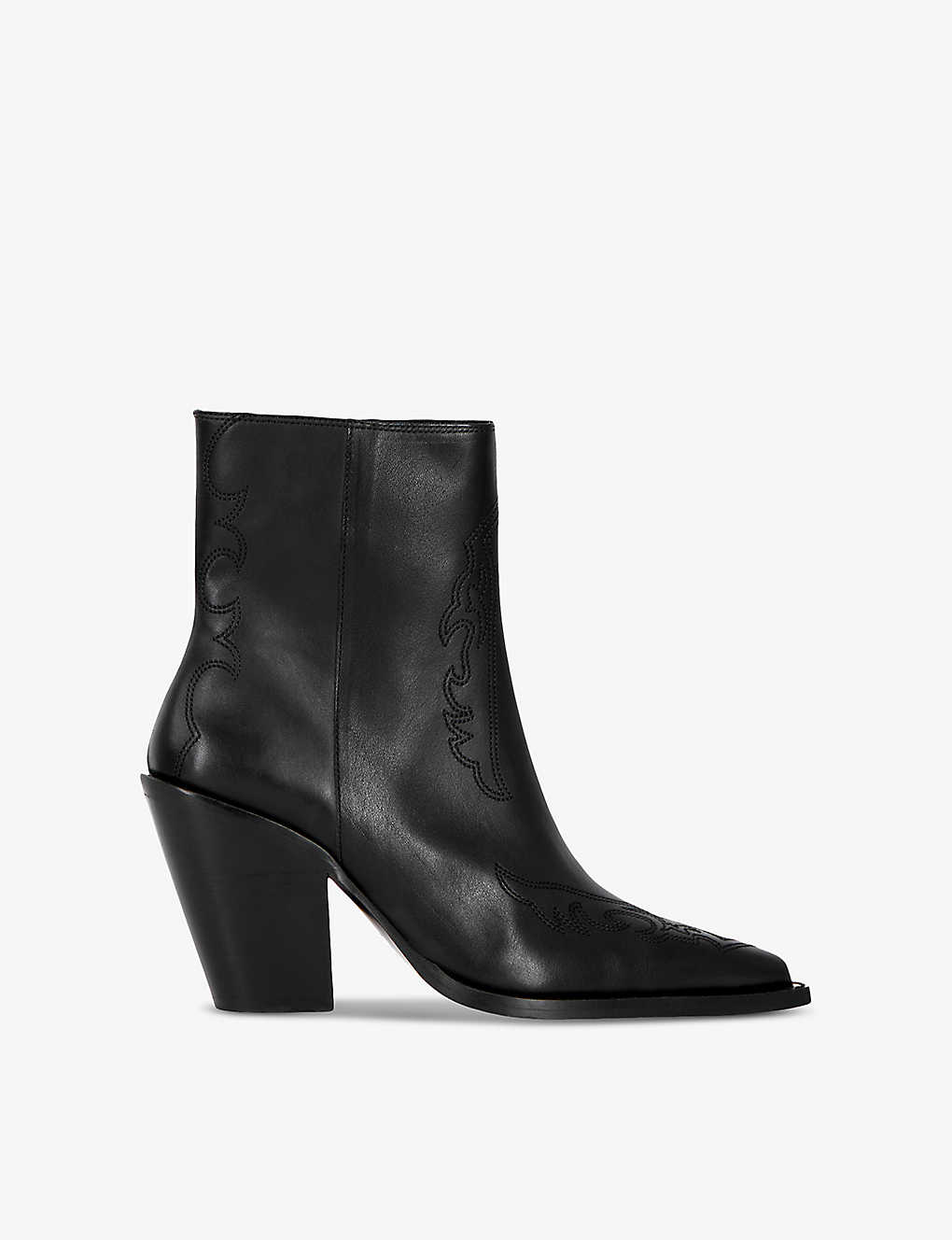 The Kooples Womens Black Tonal-embroidered Western Leather Heeled Ankle Boots