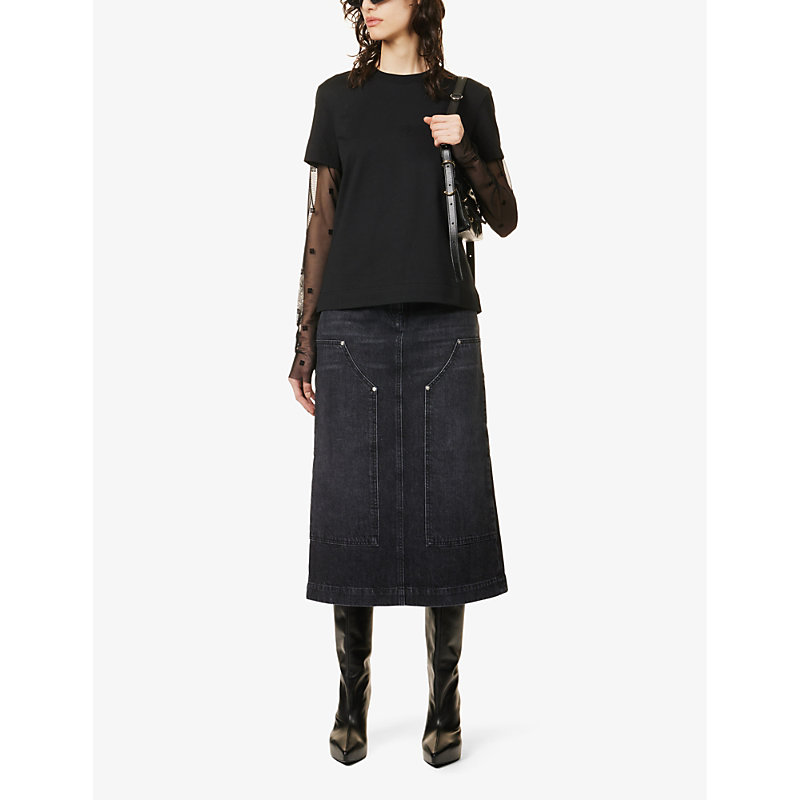 Shop Givenchy Faded-wash Mid-rise Denim Maxi Skirt In Black