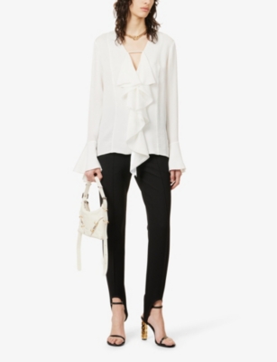 Shop Givenchy Women's White V-neck Ruffle-trim Silk Blouse