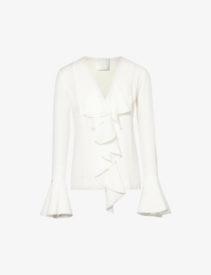 Shop Givenchy Women's White V-neck Ruffle-trim Silk Blouse