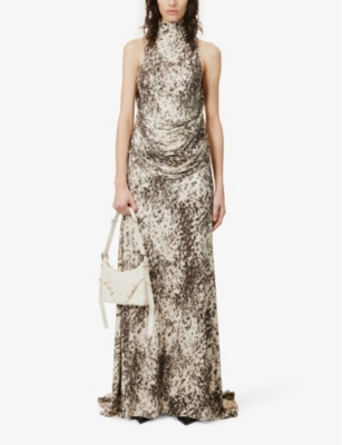 Shop Givenchy Abstract-pattern High-neck Stretch-woven Gown In Natural Brown
