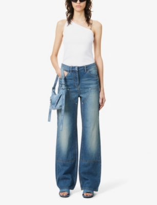 Shop Givenchy Women's Deep Blue Faded-wash Wide-leg Mid-rise Jeans