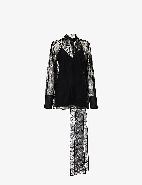 GIVENCHY: Lavalliere semi-sheer lace blouse