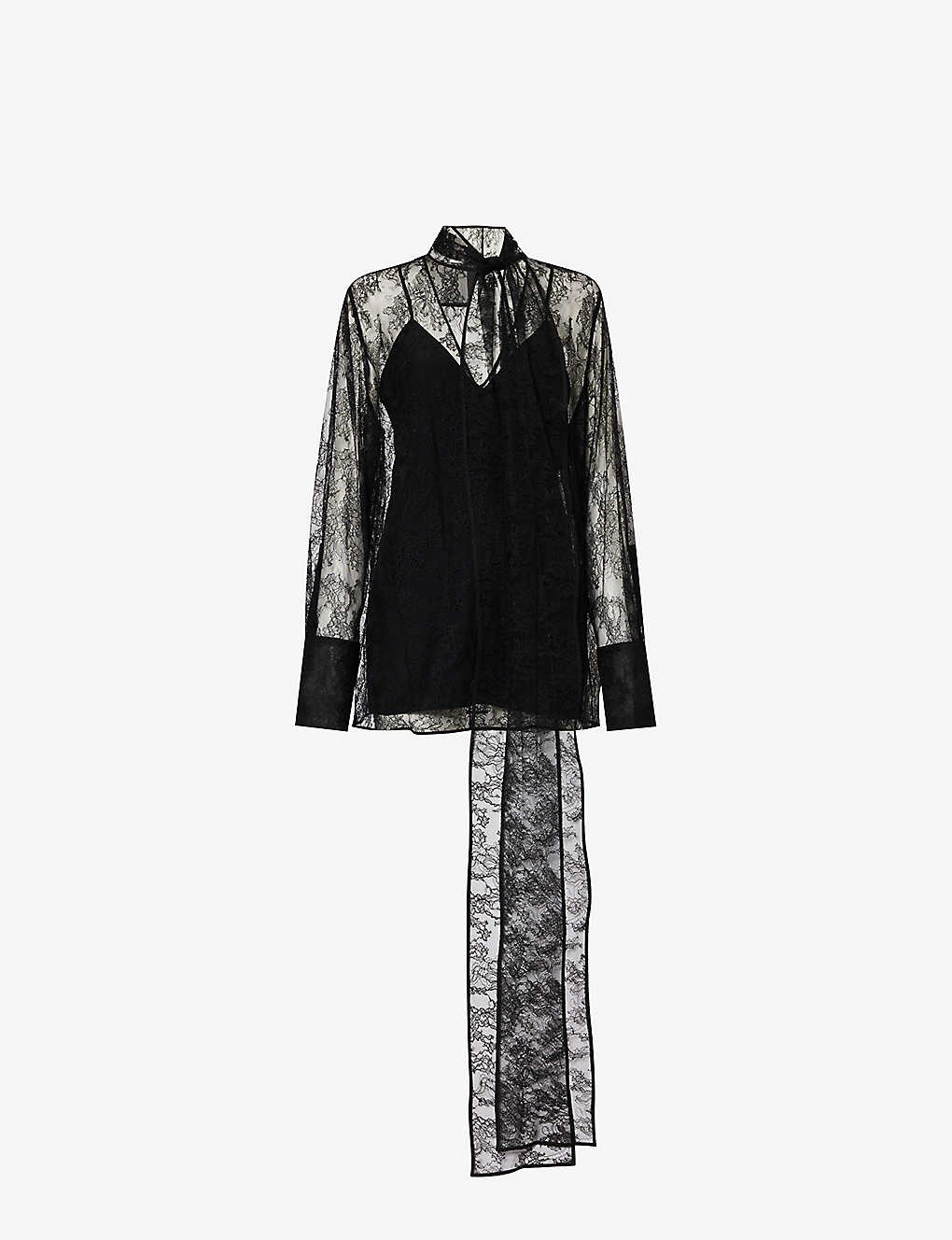 GIVENCHY GIVENCHY WOMEN'S BLACK LAVALLIERE SEMI-SHEER LACE BLOUSE