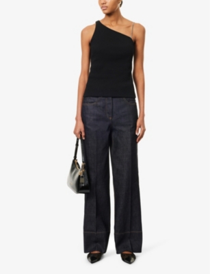 Shop Givenchy Womens  Asymmetric-neck Ribbed Stretch-cotton Top In Black