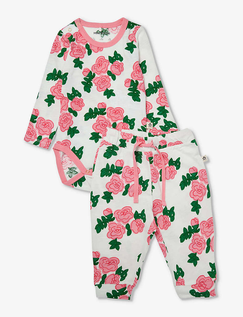 Mini Rodini Babies'  Pink Floral-print Contrast-trim Two-piece Cotton-jersey Set 1-18 Months