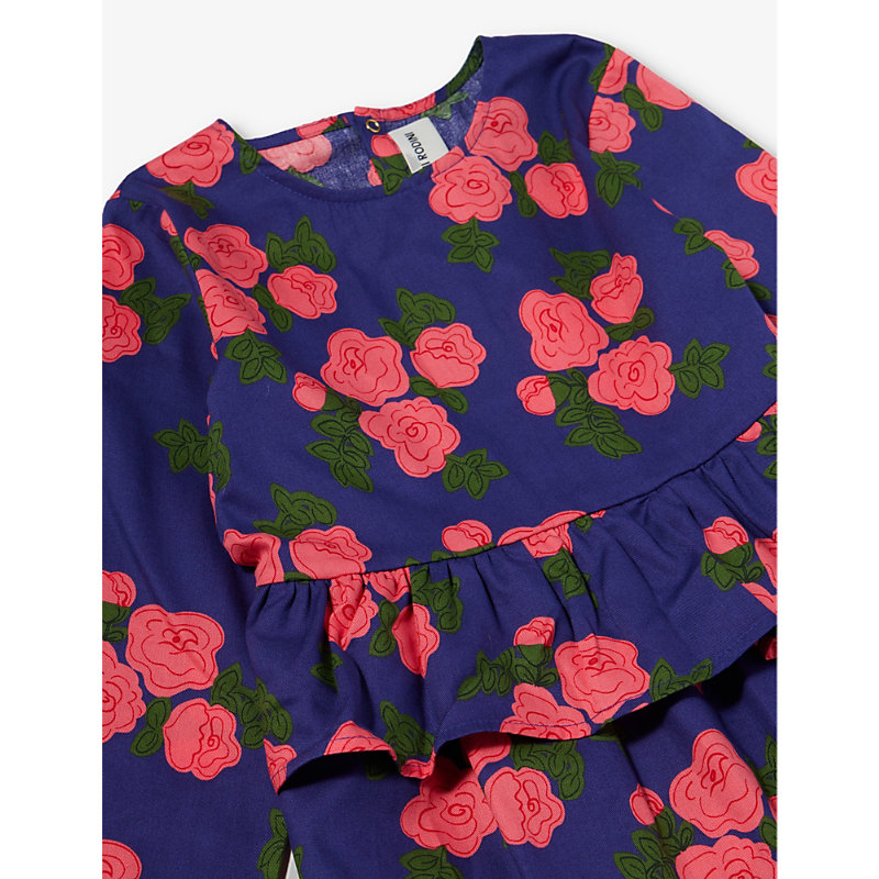 Shop Mini Rodini Girls Blue Kids Rose-print Ruffled Organic-cotton Dress 1.5-11 Years