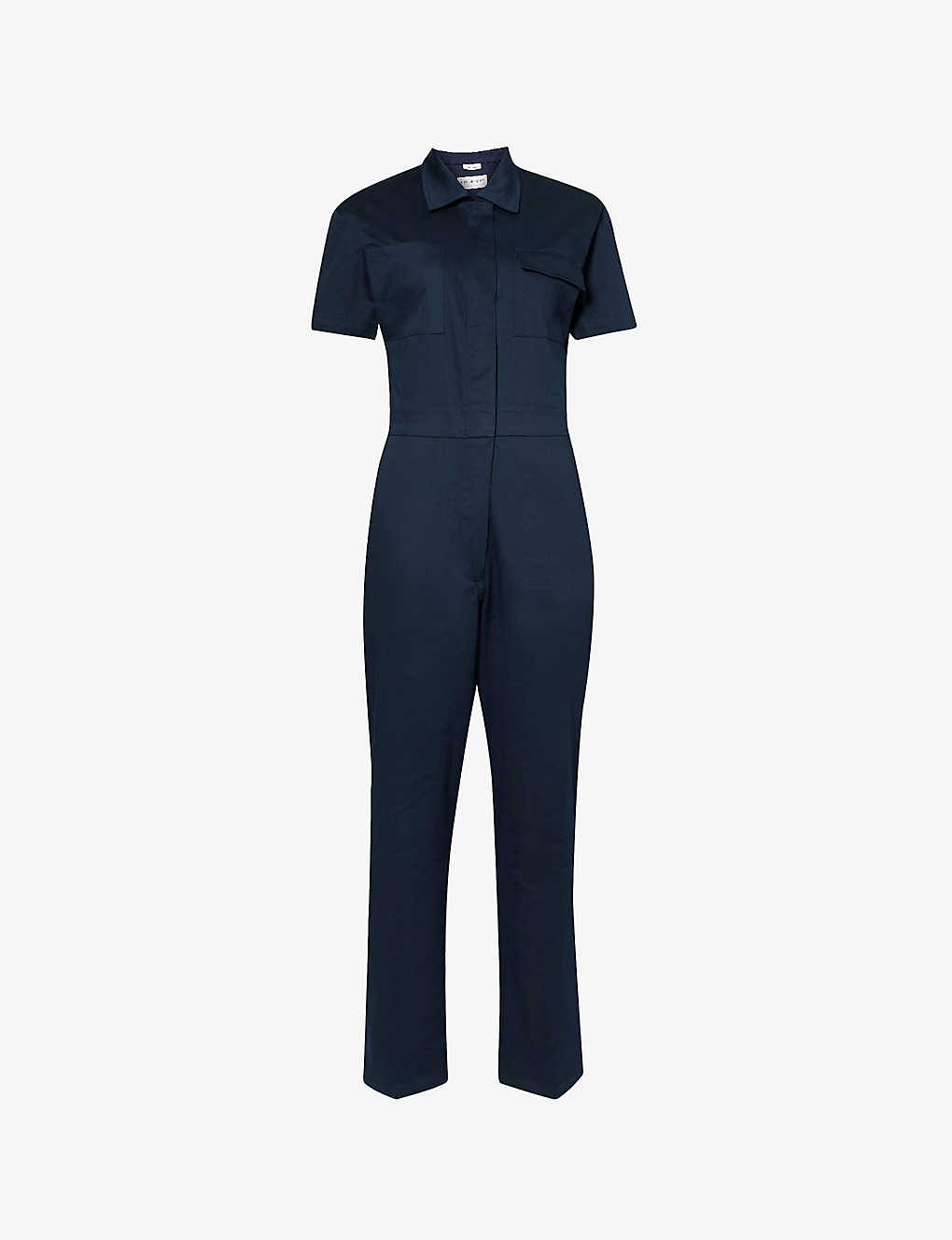 Rivet Womens Navy Worker Short-sleeved Cotton-blend Jumpsuit