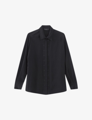Ikks Womens Black Pleated Relaxed-fit Silk Shirt