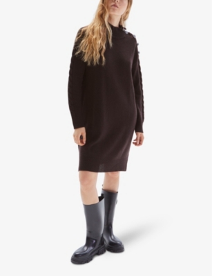 Shop Ikks Women's Brown Button-embellished High-neck Wool-knit Midi Dress