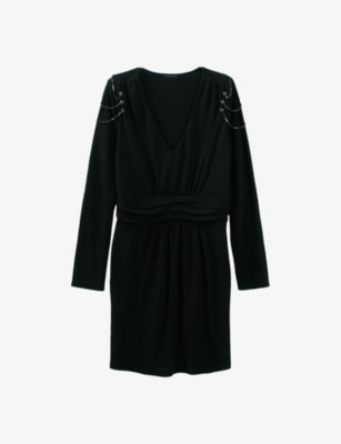 Ikks Womens Black Chain-embellishment V-neck Woven Mini Dress