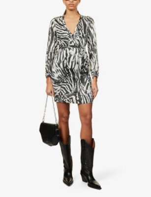 Shop Ikks Zebra-print Long-sleeve Silk-blend Midi Dress In Ivory