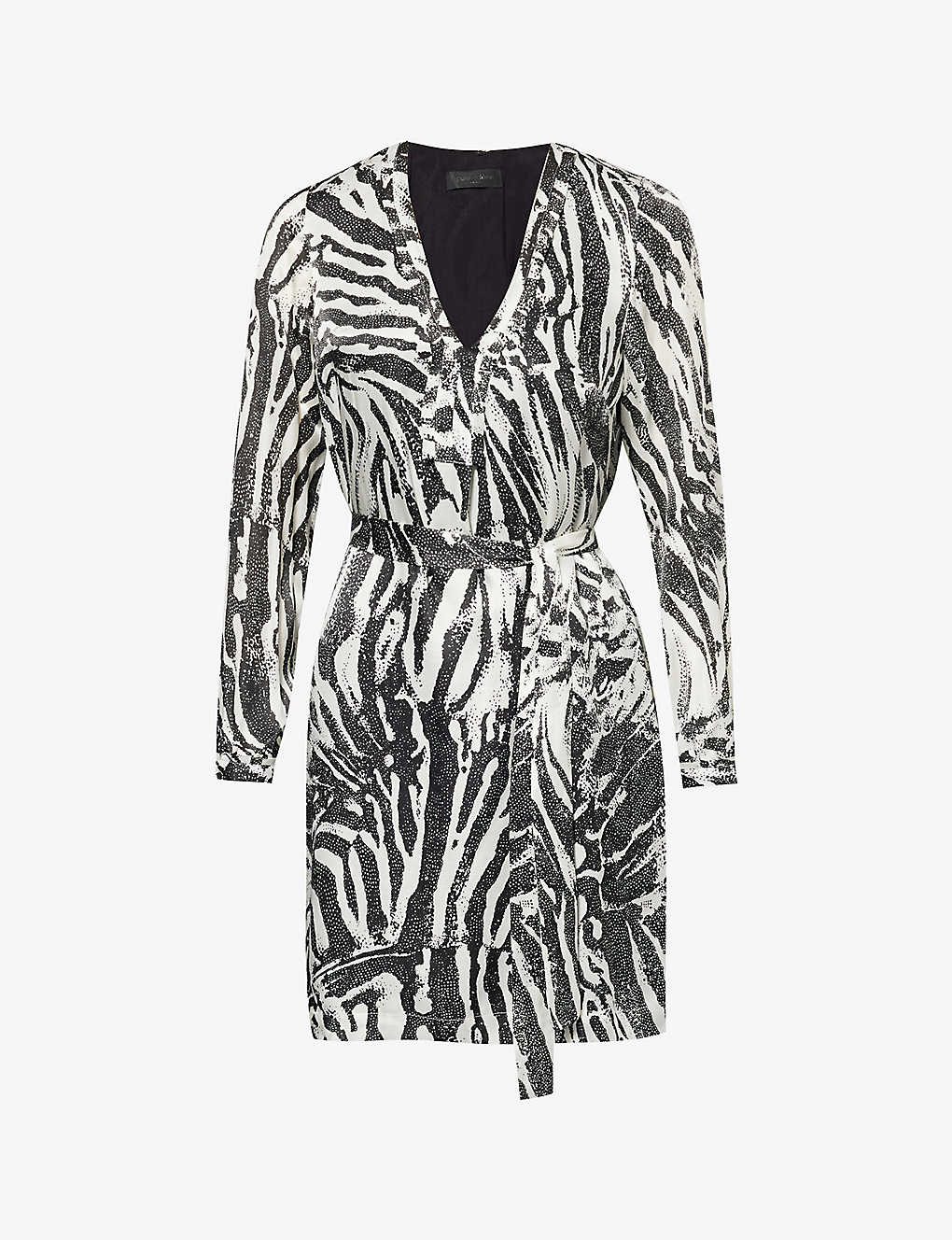Ikks Womens Ivory Zebra-print Long-sleeve Silk-blend Midi Dress