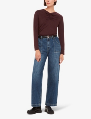 Whistles Ruched-neck Long-sleeve Woven Top In Plum/claret