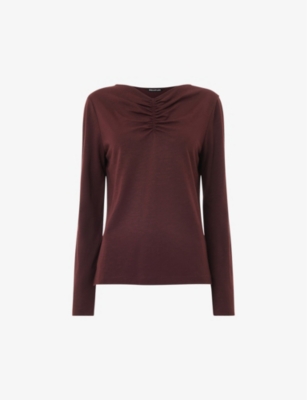 Whistles Ruched-neck Long-sleeve Woven Top In Burgundy