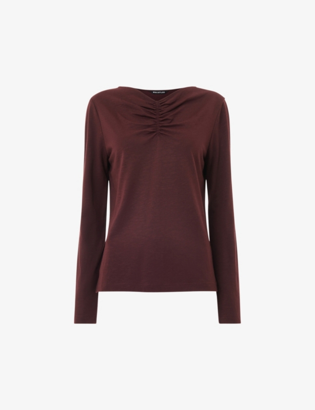 Ruched-neck long-sleeve woven top