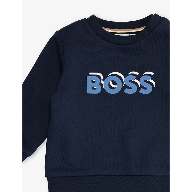 Shop Hugo Boss Boss Navy Shadow Logo-print Cotton-blend Sweatshirt 6-36 Months