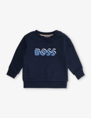 Shop Hugo Boss Boss Vy Shadow Logo-print Cotton-blend Sweatshirt 6-36 Months In Navy