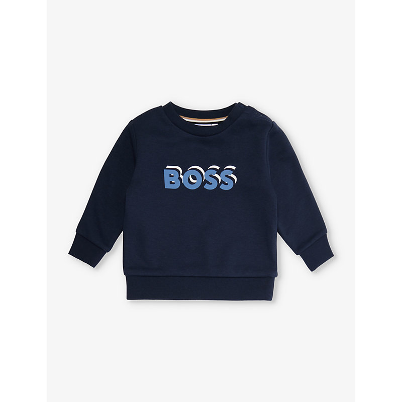 Shop Hugo Boss Boss Navy Shadow Logo-print Cotton-blend Sweatshirt 6-36 Months