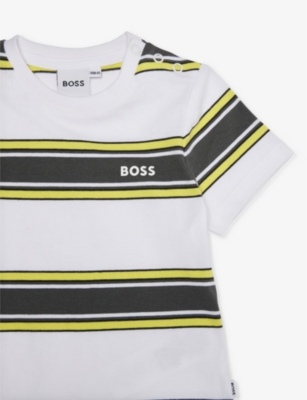 Shop Hugo Boss Stripe-print Short-sleeve Cotton-jersey T-shirt 9-36 Months In White  Yellow