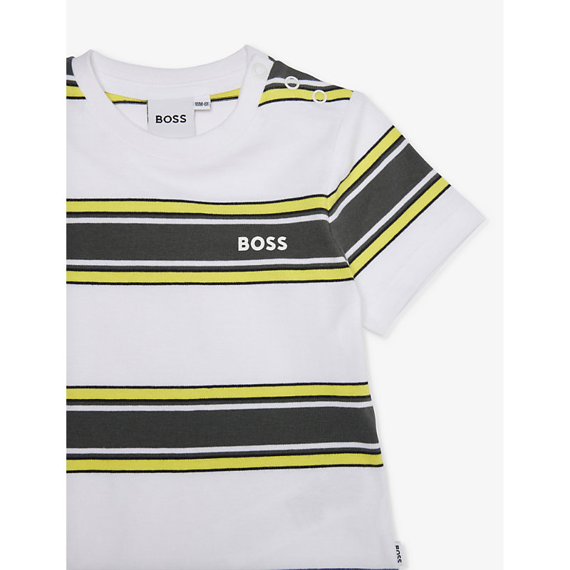 Shop Hugo Boss Stripe-print Short-sleeve Cotton-jersey T-shirt 9-36 Months In White  Yellow