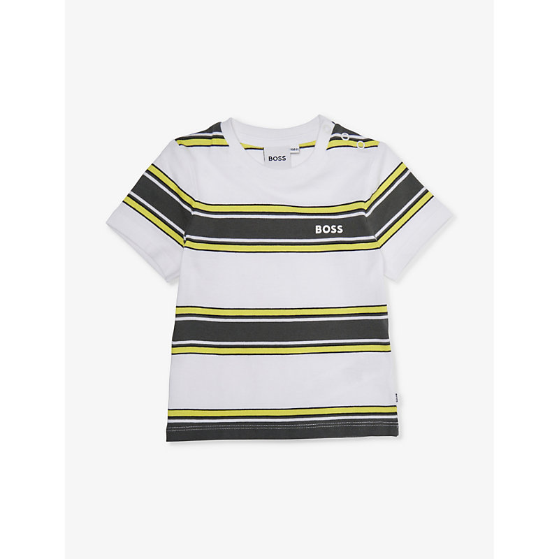 Hugo Boss Babies' Boss White Yellow Stripe-print Short-sleeve Cotton-jersey T-shirt 9-36 Months In White  Yellow