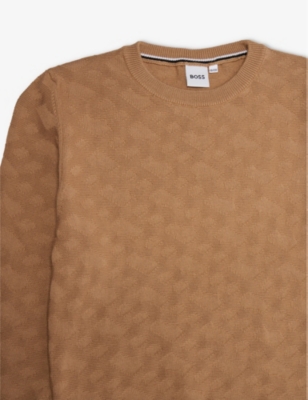 Shop Hugo Boss Brand-debossed Long-sleeve Cotton-knit Jumper 10-14 Years In Stone