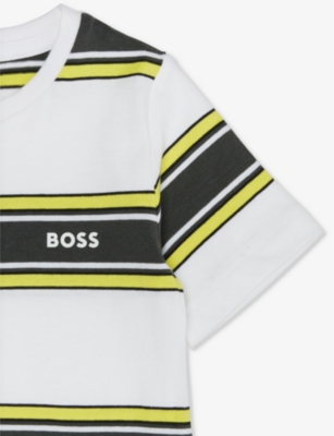 Shop Hugo Boss Boss Boys White Yellow Kids Stripe-print Cotton-jersey T-shirt 4-12 Years In White  Yellow