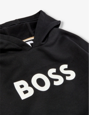 Shop Hugo Boss Boss Boys Black Kids Logo-print Long-sleeve Cotton-blend Hoody 4-16 Years