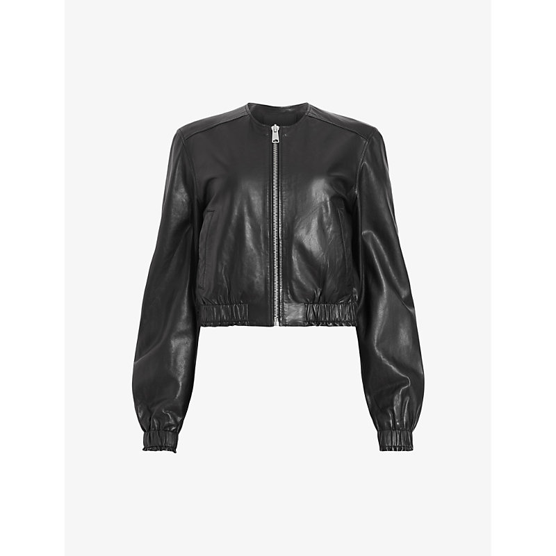 Shop Allsaints Womens Black Everly Bomber Leather Jacket