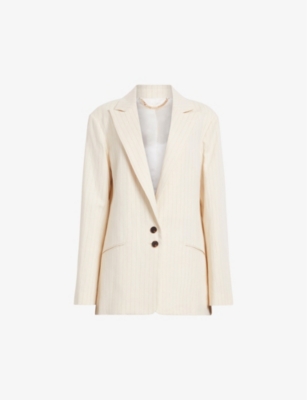 Shop Allsaints Payton Single-breasted Striped Cotton And Linen-blend Blazer In Ivory White
