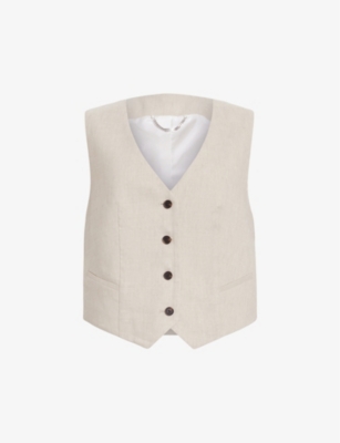 Shop Allsaints Whitney V-neck Single-breasted Stretch Linen-blend Waistcoat In Neutral Beige