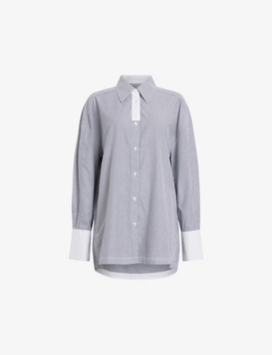 Shop Allsaints Women's Blue/white Karina Relaxed-fit Stripe Organic-cotton Shirt
