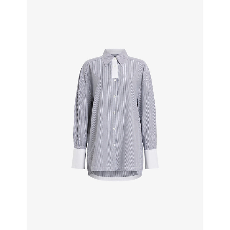 Shop Allsaints Women's Blue/white Karina Relaxed-fit Stripe Organic-cotton Shirt