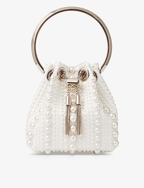 JIMMY CHOO: Bon Bon Micro pearl-embellished satin top-handle bag