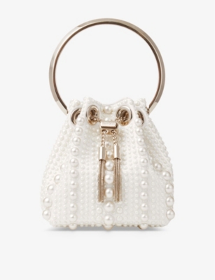 JIMMY CHOO Bon Bon Micro pearl-embellished satin top-handle bag