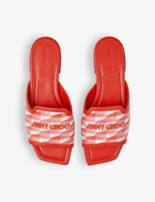 Shop Jimmy Choo Nako Diamond-print Logo-embroidered Leather Sandals In Pap/candy Pink