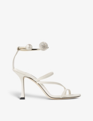 Shop Jimmy Choo Ottilia 90 Pearl And Crystal-embellished Leather Heeled Sandals In Latte