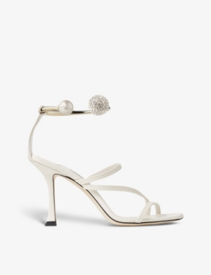 Shop Jimmy Choo Women's Latte Ottilia 90 Pearl And Crystal-embellished Leather Heeled Sandals