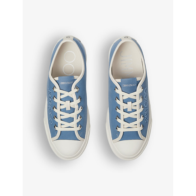 Shop Jimmy Choo Palma Maxi Logo-embroidered Canvas Low-top Trainers In X Denim/latte