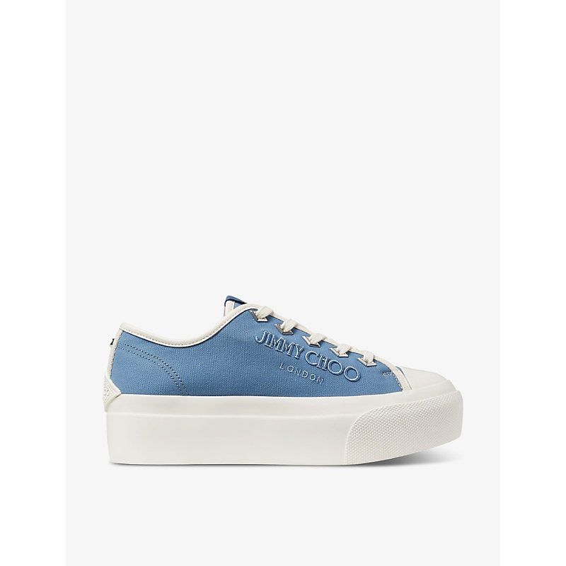 Shop Jimmy Choo Palma Maxi Logo-embroidered Canvas Low-top Trainers In X Denim/latte