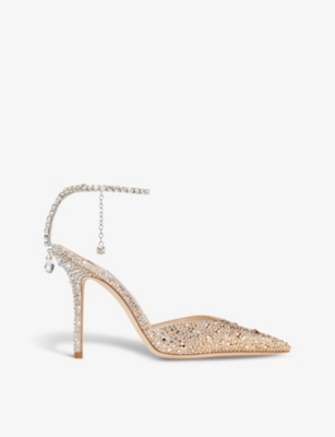 Jimmy Choo Saeda 100 Crystal-embellished Satin Heeled Courts In Gold