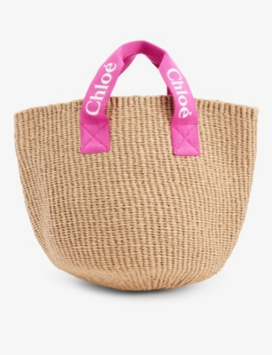 CHLOE Kids' logo-strap straw tote bag