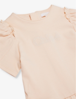 Shop Chloé Chloe Pale Pink Logo-embroidered Frill-sleeve Cotton Dress 6 Months-3 Years
